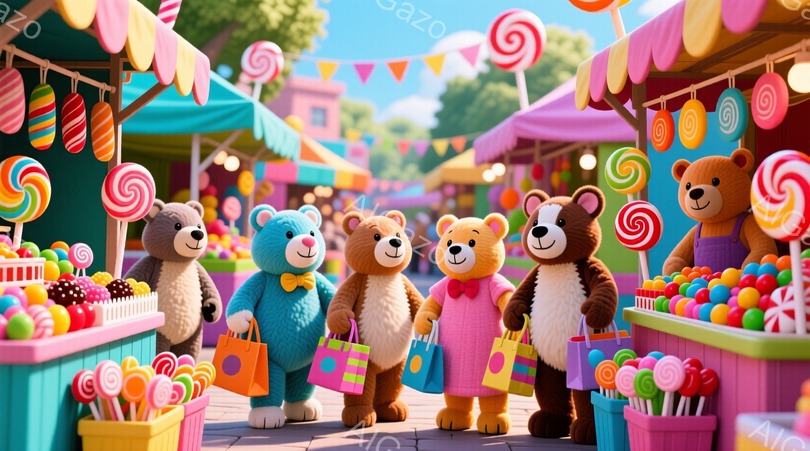 カラフルなキャンディが並ぶ市場で、様々な色の服を着た五匹のテディベアが描かれています。それぞれがショッピングバッグを持っており、陽気な表情で歩いています。背景には、鮮やかな色の建物とたくさんのキャンデ - AI生成フリー素材