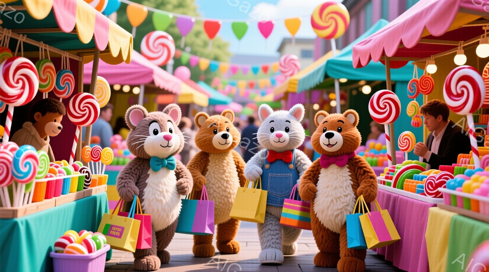 広場には、デニムのオーバーオールと赤いリボンを付けた３匹の大きな熊の着ぐるみが歩いています。彼らはそれぞれ黄色いショッピングバッグを持っており、楽しげな表情で市場を散策しています。背景には、カラフルなキャンディや装飾が施された屋台が並び、賑やかなお祭りの雰囲気が漂っています。