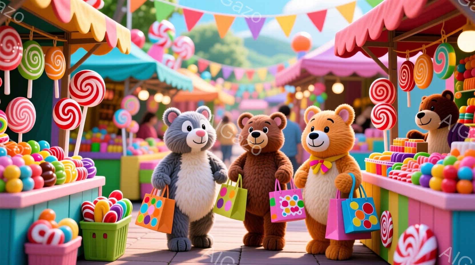 3匹のテディベアが、キャンディが並ぶ市場を歩いています。灰色のクマは紫色の服を着て、茶色のクマはオレンジ色の服を着て、明るい茶色のクマは黄色の服を着て、それぞれ買い物袋を持っています。背景にはカラフル - AI生成フリー素材
