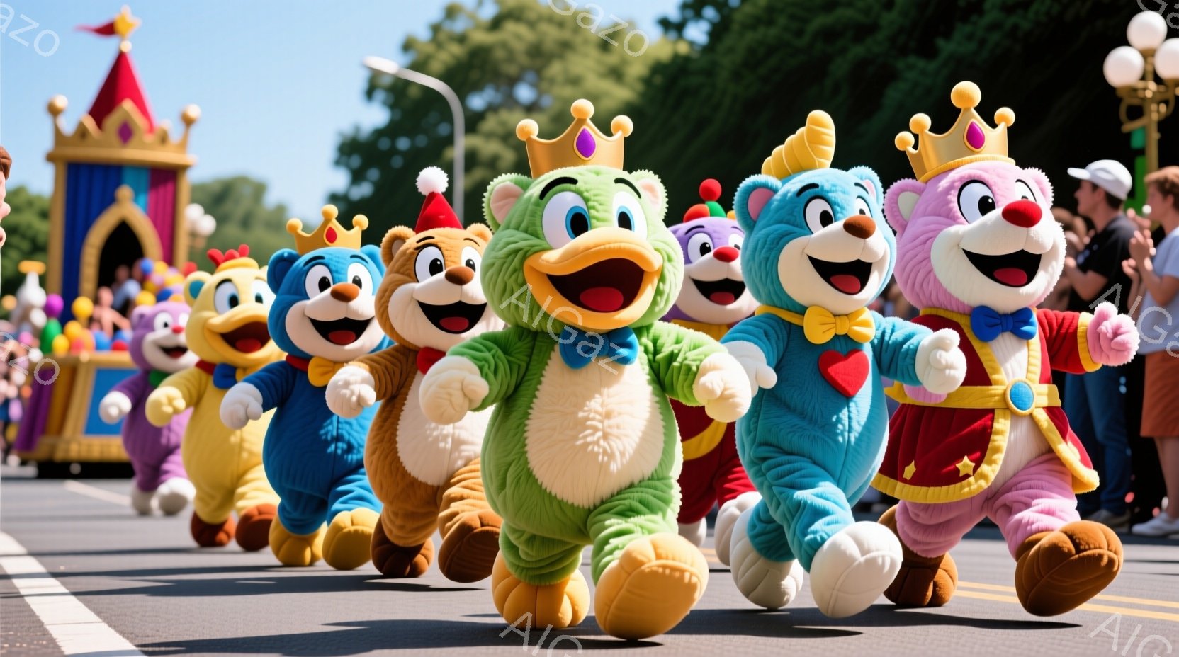 色とりどりのクマのキャラクターたちが、遊園地の道路を勢いよく走っている。彼らはそれぞれ異なる色の全身タイツのような衣装を着用し、頭には王冠を載せている。背景には、お城のような建物や緑豊かな木々が見え、 - AI生成フリー素材