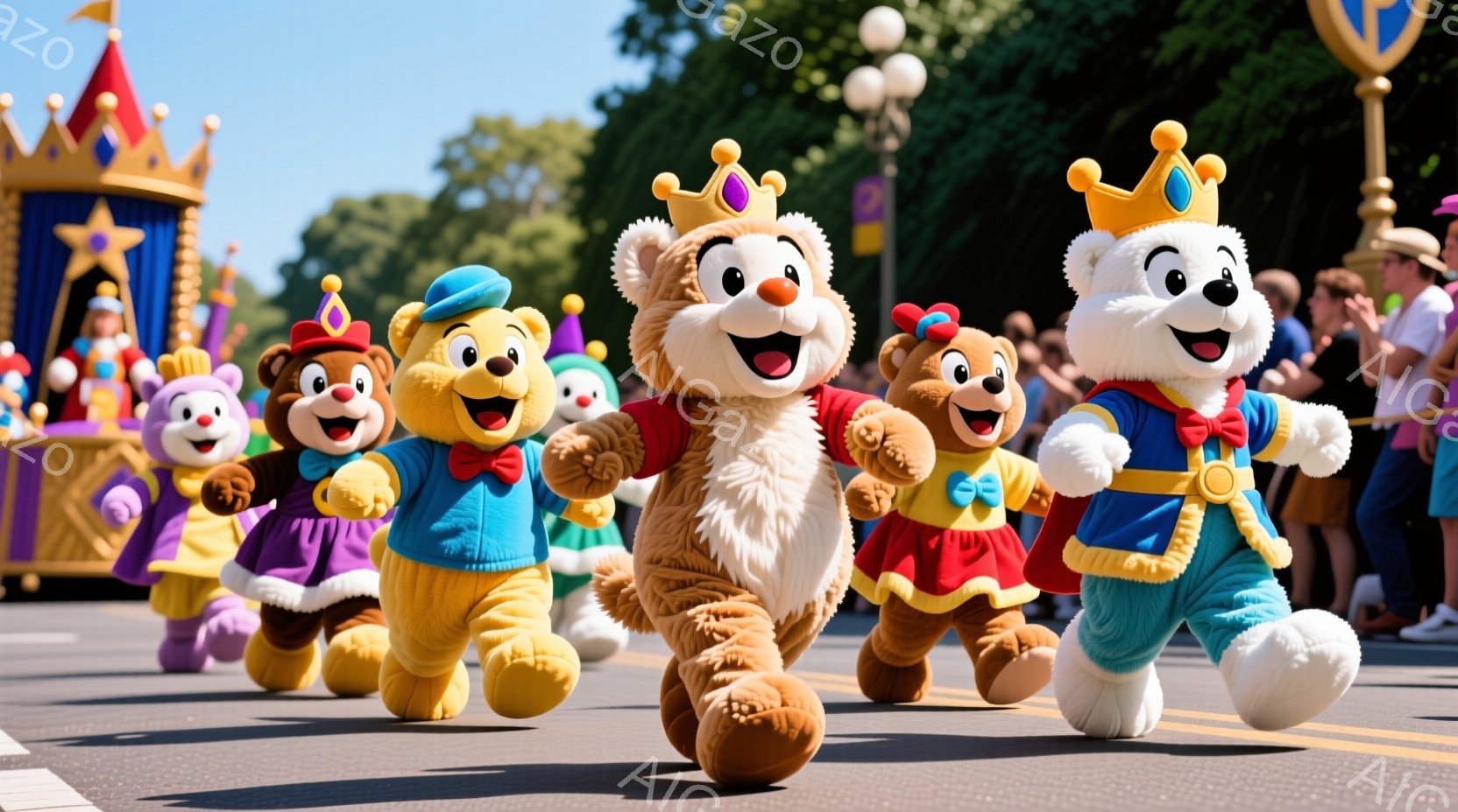 複数のクマのキャラクターが遊園地の道路を元気に走り、それぞれ異なる色とデザインの衣装を身につけています。背景には観客やカラフルなパレード装飾、青空と白い雲が見え、全体的に陽気で活気のある雰囲気が漂って - AI生成フリー素材