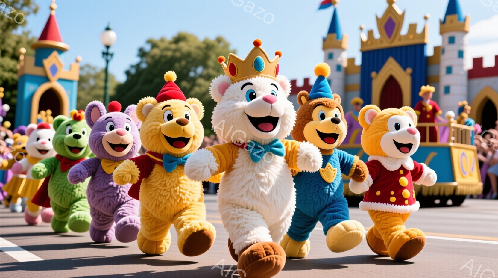 カラフルなクマのキャラクターたちが、遊園地の道でカメラに向かって走ってきている。各クマはそれぞれ異なる色の衣装を着ており、先頭のクマは王冠をかぶり、青い蝶ネクタイをつけている。背景にはお城のような建物 - AI生成フリー素材