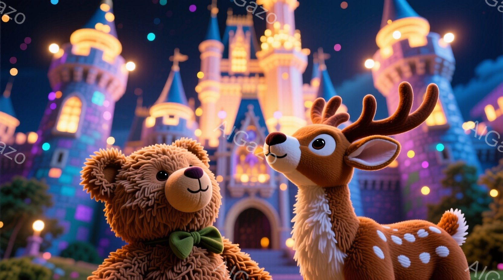 ぬいぐるみのような茶色の熊と鹿が、夜の城を背景に並んで立っています。熊は緑色の蝶ネクタイを身につけ、鹿は白い斑点模様で、どちらも正面を見据え、愛らしい表情をしています。背景には、カラフルな光で照らされたファンタジーのような城がそびえ立ち、おとぎ話のような雰囲気を醸し出しています。