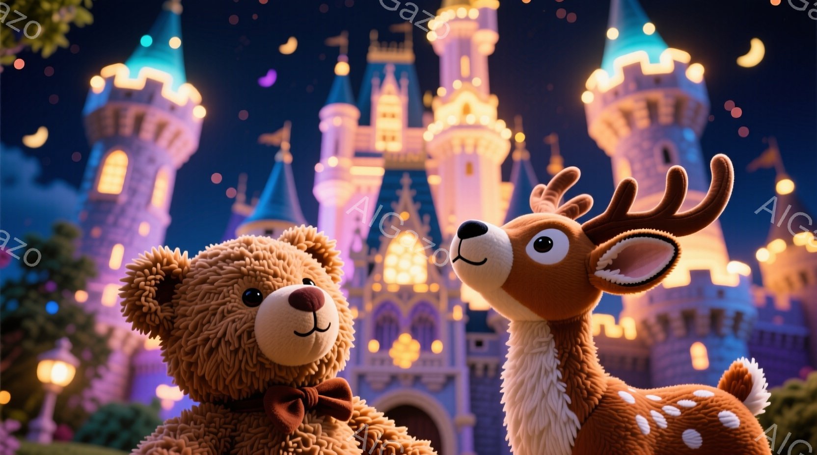 ふわふわのテディベアと鹿のぬいぐるみは、お城を背景に寄り添って立っています。テディベアは赤い蝶ネクタイをつけ、鹿は優しい表情で、どちらも夜の幻想的な雰囲気に溶け込んでいます。背景には、明るく輝くお城と、夜空に浮かぶ星が描かれ、温かく夢のような情景が広がっています。
