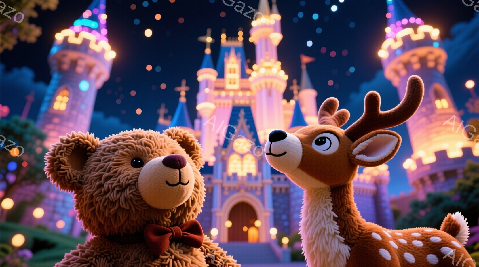 ふわふわのテディベアと鹿が、壮大な城を背景に並んで立っています。テディベアは赤いリボンで結ばれており、優しい笑顔を浮かべています。城は夜に輝き、多くの窓から温かい光が漏れ、ファンタジーの世界を表現しています。