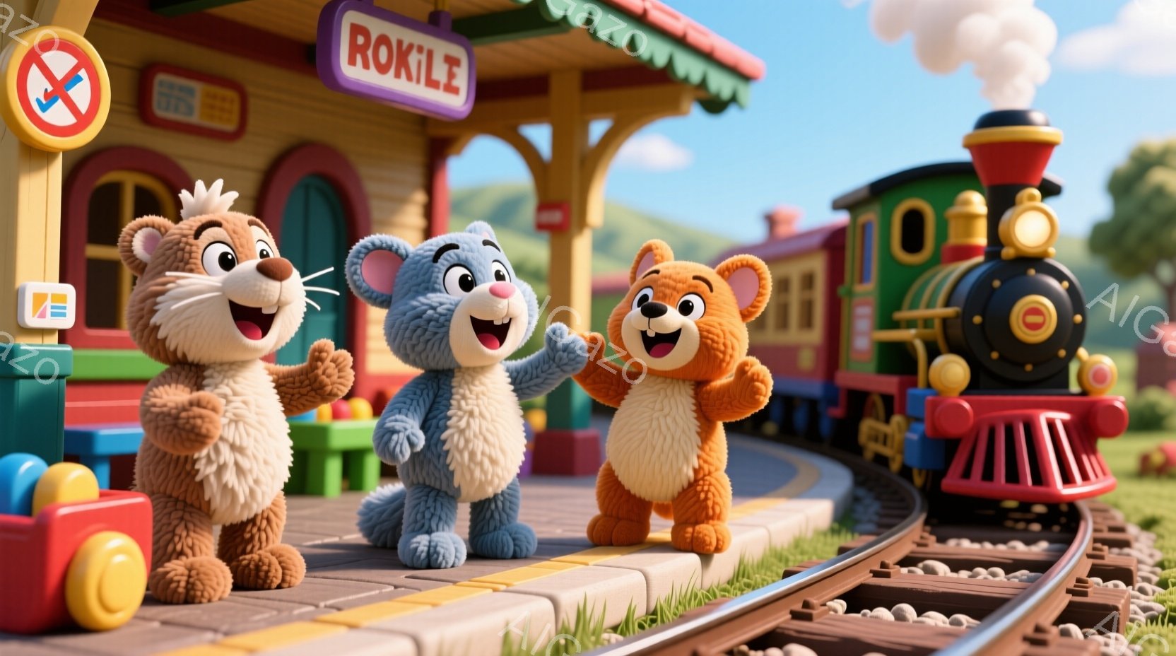 明るい色調で、3匹の愛らしい動物たちが駅のプラットフォームに立っています。茶色いクマ、水色のウサギ、オレンジ色のクマは皆、笑顔で、ウサギが片手を挙げて何かを指し示しています。背景には、緑の丘、青い空、そして赤い蒸気機関車が線路を走っている様子が見え、全体的に陽気で楽しい雰囲気が漂っています。