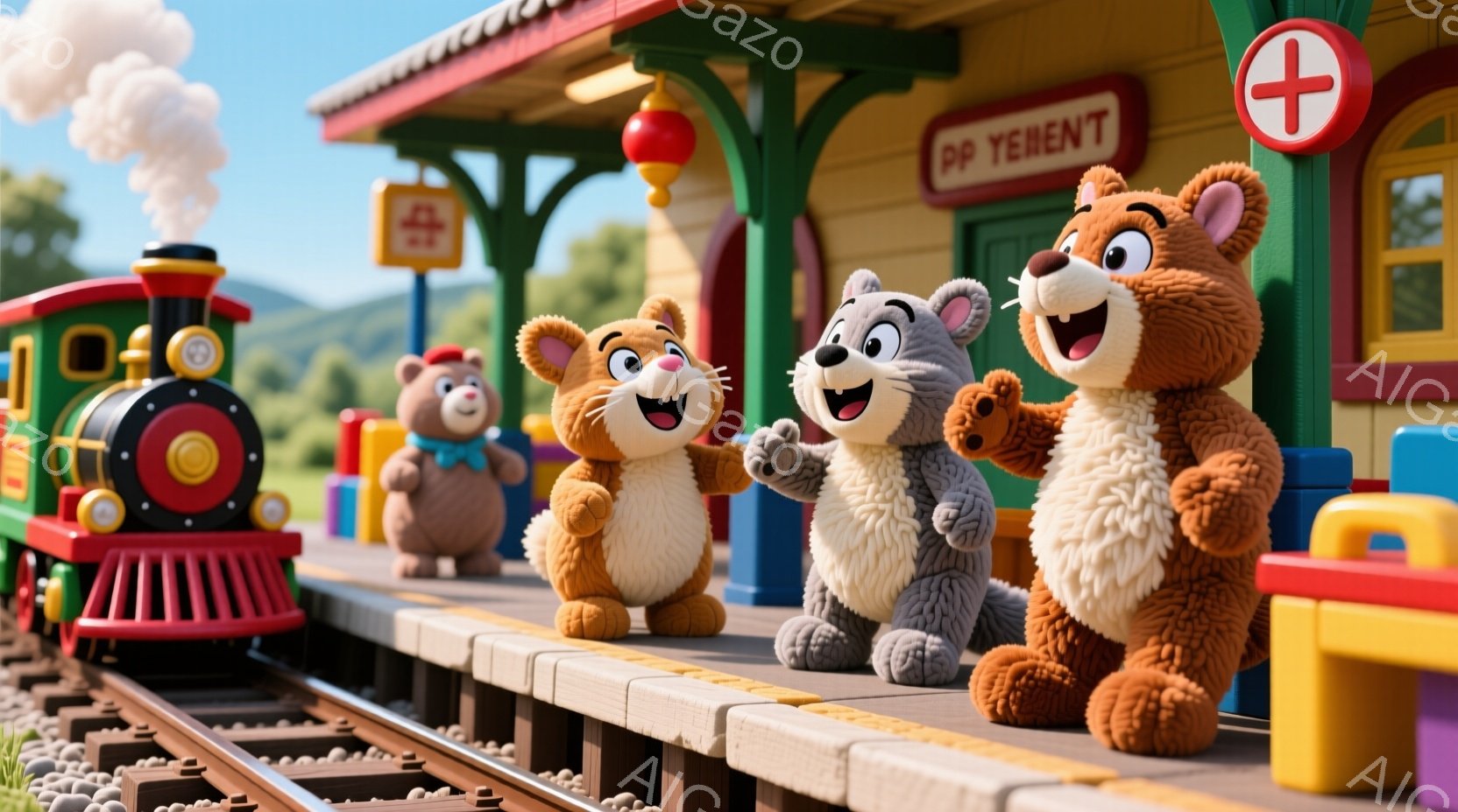 明るい駅のプラットフォームに、３匹の可愛らしいクマのキャラクターが立っています。オレンジ、ベージュ、グレーの毛並みで、それぞれ笑顔で楽しそうにしています。背景には、カラフルな駅舎と緑の丘が見え、晴れた - AI生成フリー素材