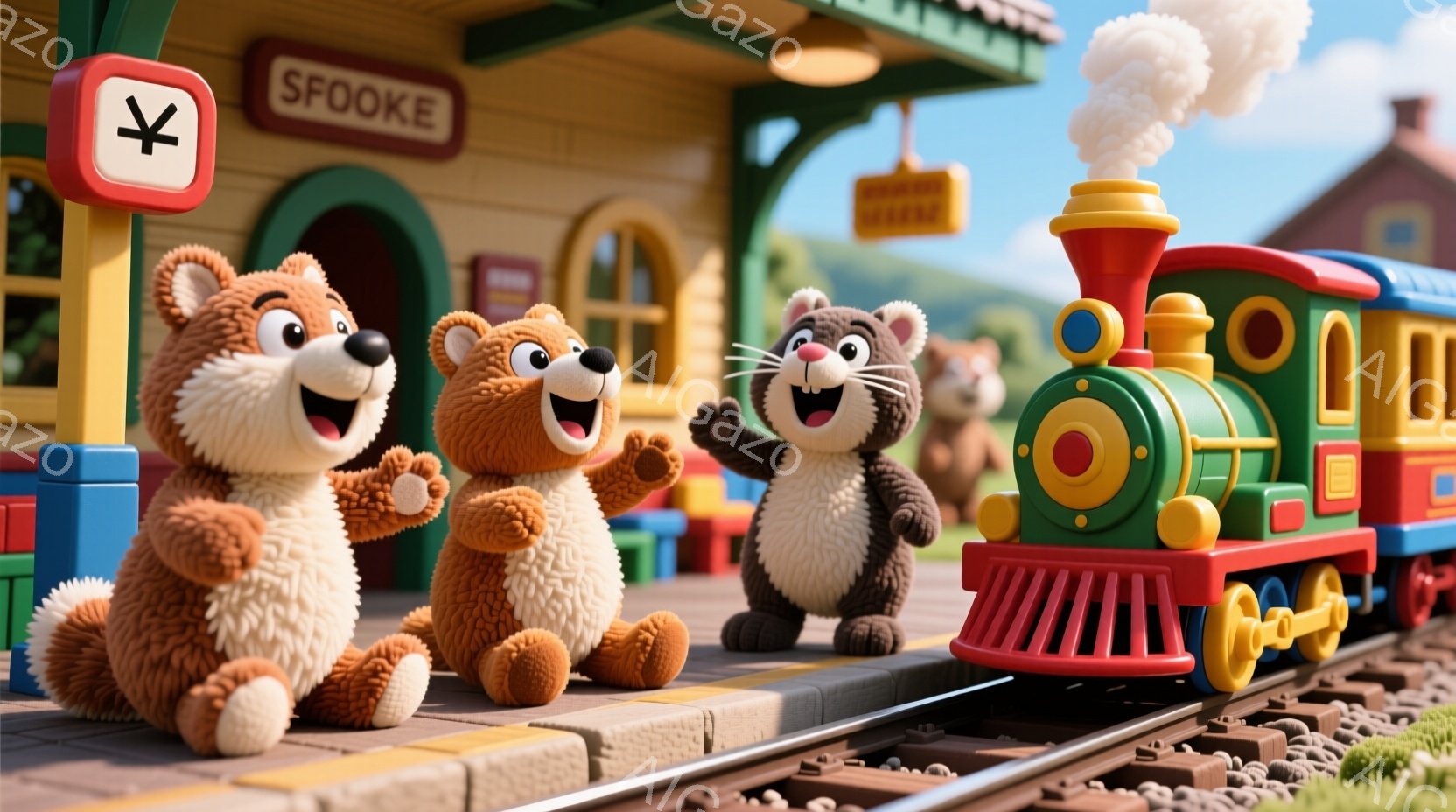 明るい色の線路のプラットフォームに、可愛らしいクマとハリネズミが立っています。クマたちはそれぞれ片手を上げて喜んでおり、ハリネズミも同様に手を挙げて楽しそうです。背景には「SFOOKE」と書かれた駅舎と、緑の丘が見え、全体的に陽気で楽しい雰囲気が漂っています。