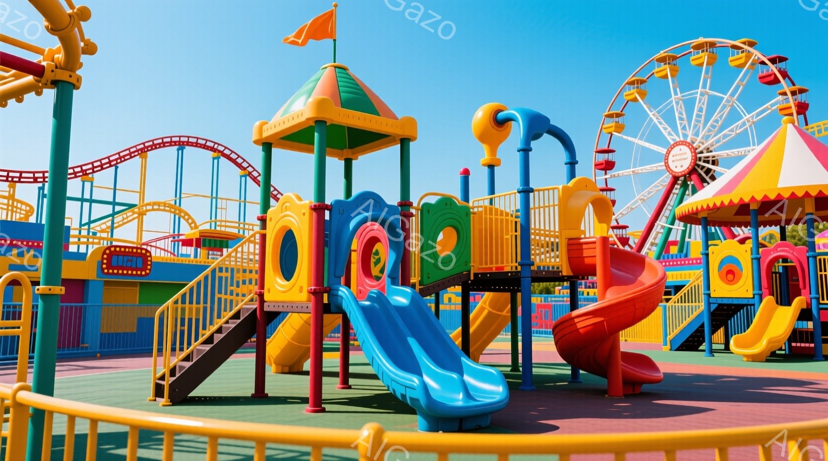 カラフルな遊具が広がる遊園地の一角です。青と赤のスライド、様々な形のカラフルな遊具が、太陽の下で明るく輝いています。背景には観覧車やその他の遊園地の建物が見え、楽しい雰囲気が漂っています。