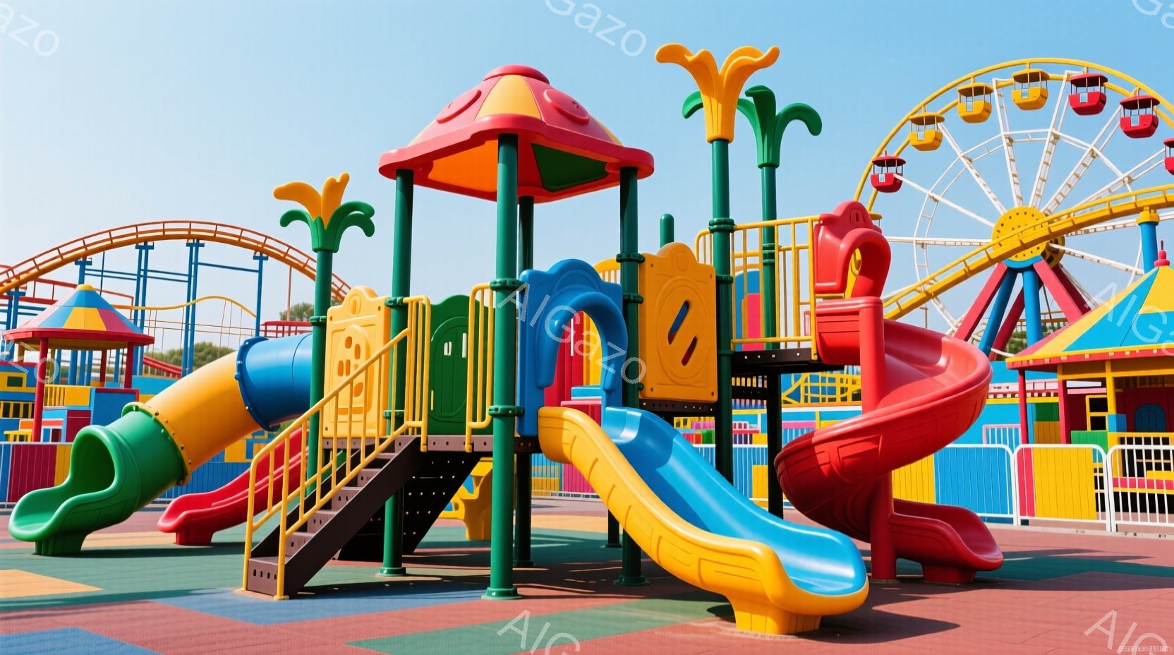 カラフルな遊具が並ぶ遊園地の一角が写っている。赤、青、黄色などの鮮やかな色が目に飛び込み、子供たちが遊ぶ楽しそうな雰囲気が伝わってくる。背景には観覧車や屋台が見え、晴天の下で賑やかな一日が広がっている - AI生成フリー素材