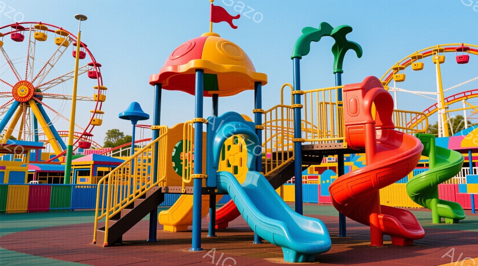 カラフルな遊具が並んだ遊園地の一角が写っています。青、赤、黄色を基調とした滑り台や遊具は、安全なゴム製の地面に設置されており、背景には観覧車がぼんやりと見えます。晴れた空の下、遊具は明るく、子供たちが楽しく遊ぶのに最適な場所であると感じられます。