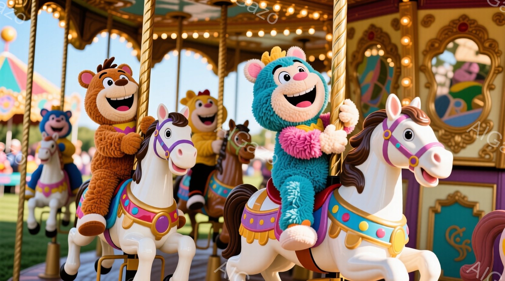 カラフルなメリーゴーラウンドの画像です。青い毛並みのクマ、茶色のクマ、そして黄色いクマが、それぞれ白と金色の馬に乗っています。背景にはメリーゴーラウンドの装飾と緑の草地が見え、明るく楽しい雰囲気が漂っています。