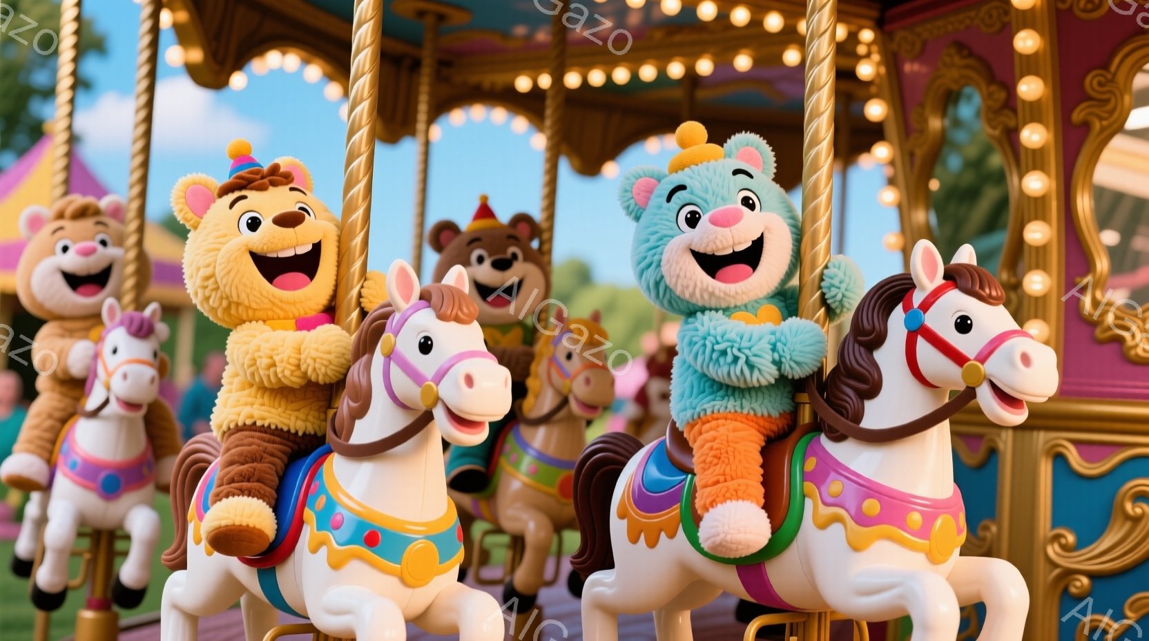 カラフルなメリーゴーランドの画像で、それぞれ異なる色のテディベアが白い木馬に乗っています。テディベアたちは笑顔で、お祭り気分を表現しており、背景にはメリーゴーランドの華やかな装飾が見えます。全体的に明 - AI生成フリー素材