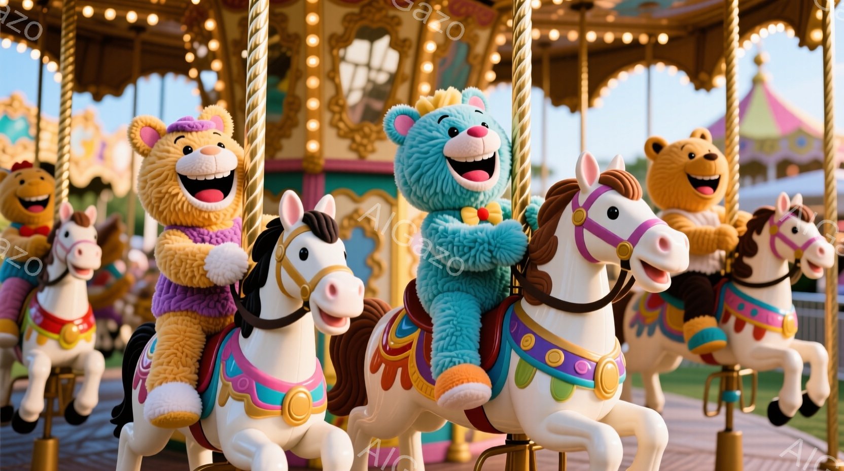 カラフルな飼育動物を乗せた人形が楽しむ遊園地のカーニバル風景。それぞれの人形は独自の服装と表情で個性的であり、背景にはファンタジーのパレットが見られる。
