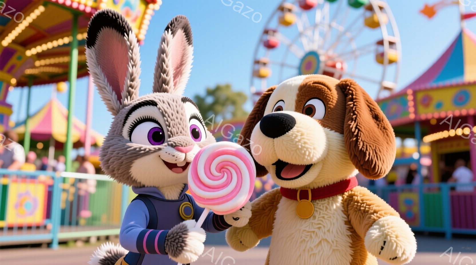 可愛らしいウサギのキャラクターが、ピンク色のキャンディを口にくわえ、笑顔でポーズをとっています。茶色の犬のキャラクターは、赤い首輪と金のタグをつけ、同じように嬉しそうな表情をしています。背景には、遊園 - AI生成フリー素材