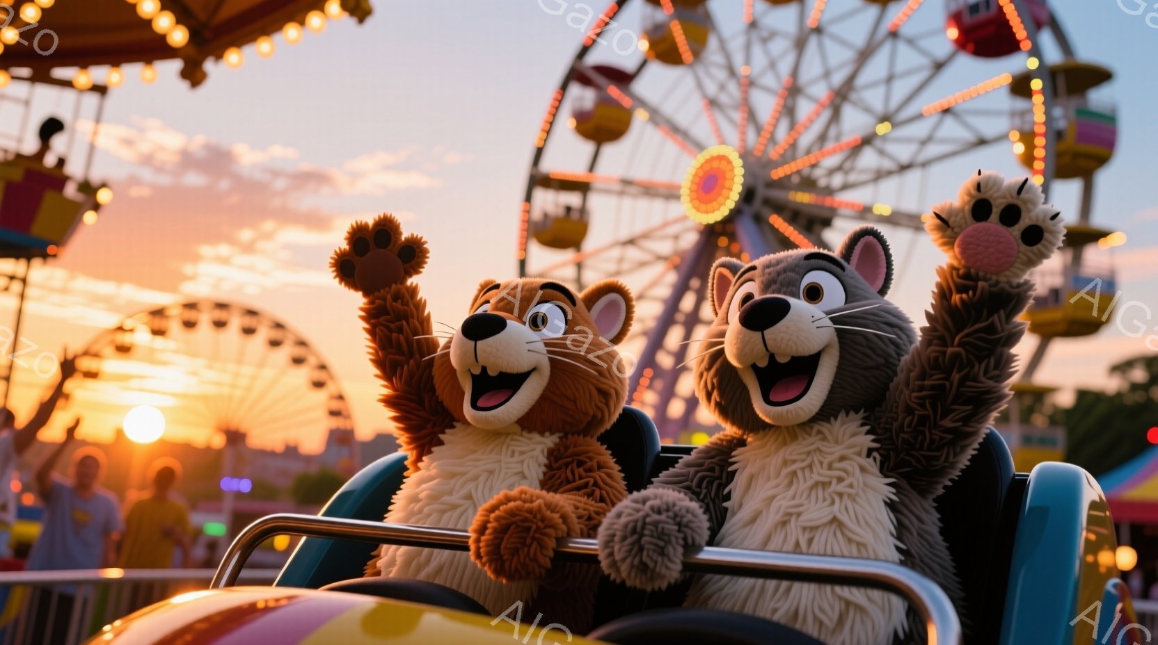 ２匹の動物のキャラクターが遊園地の乗り物に乗って楽しんでいます。茶色のクマと灰色の猫は両手を上げて喜びを表しており、背景には夕焼け空とカラフルな観覧車が見えます。遊園地は賑やかで、楽しい雰囲気に満ちています。
