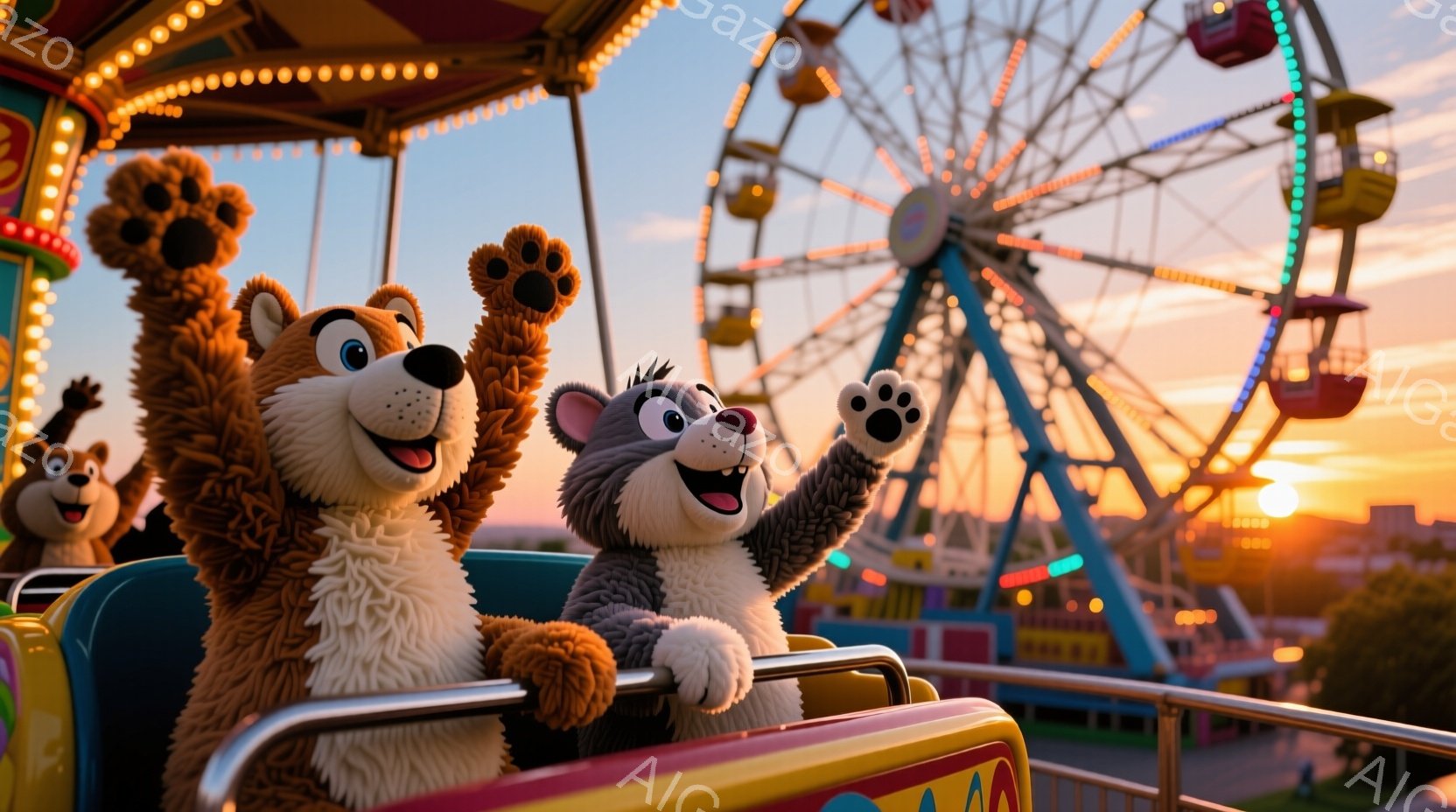 ぬいぐるみのようなクマとネコが遊園地の乗り物に乗っており、両手を上げて楽しんでいる様子が描かれています。背景には夕焼け空の下、ライトアップされた観覧車や他の遊園地のアトラクションが見え、賑やかな雰囲気が伝わってきます。全体的に明るく、幸せな気持ちになるような色彩と構図です。