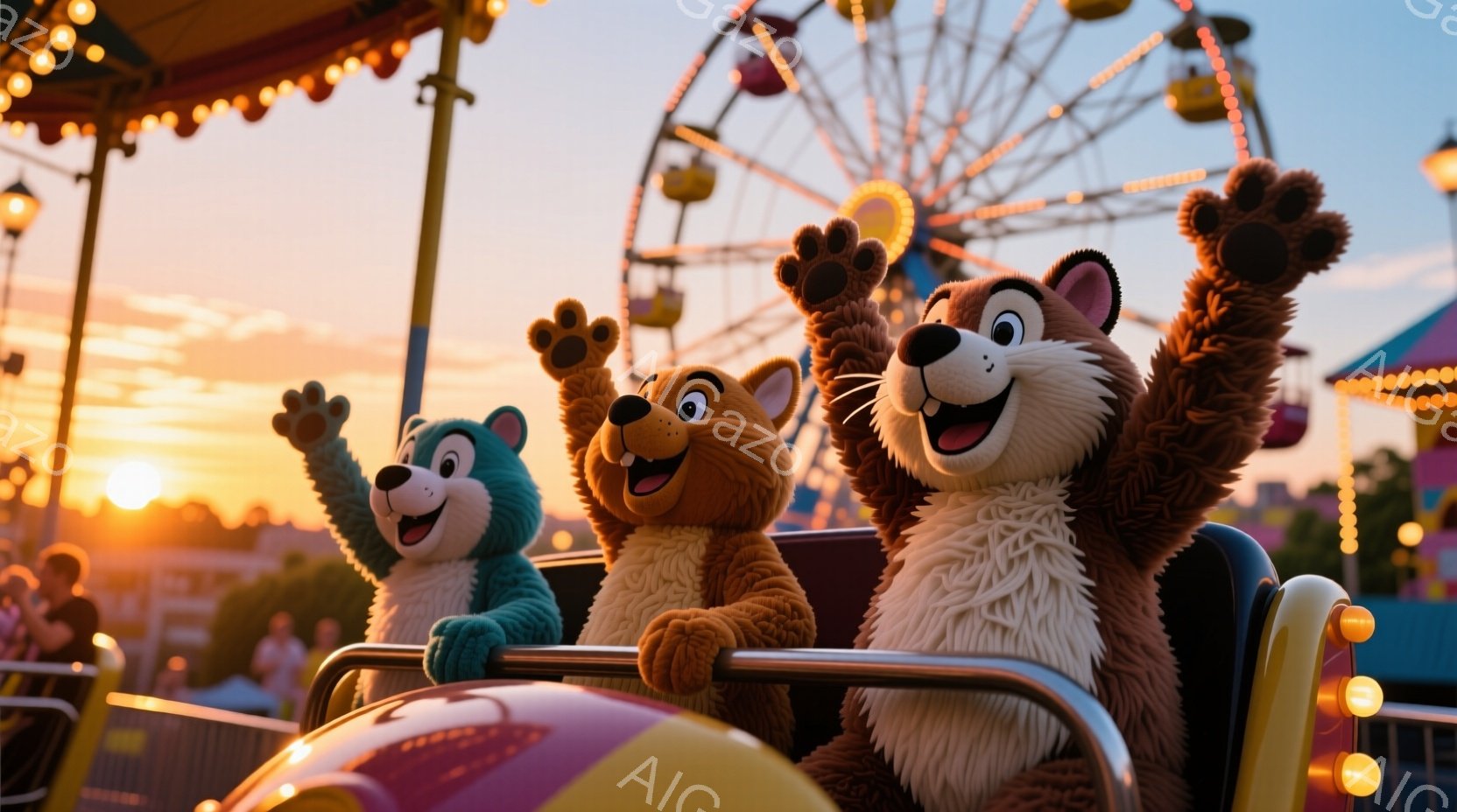 賑やかな遊園地のライドに、クマ、青い犬、そしてトラのキャラクターが乗っています。彼らは皆、手を高く上げて楽しんでいる様子で、背景には夕焼けに照らされた観覧車やその他のアトラクションが見えます。全体的に、明るく、陽気で、楽しい雰囲気が漂っています。