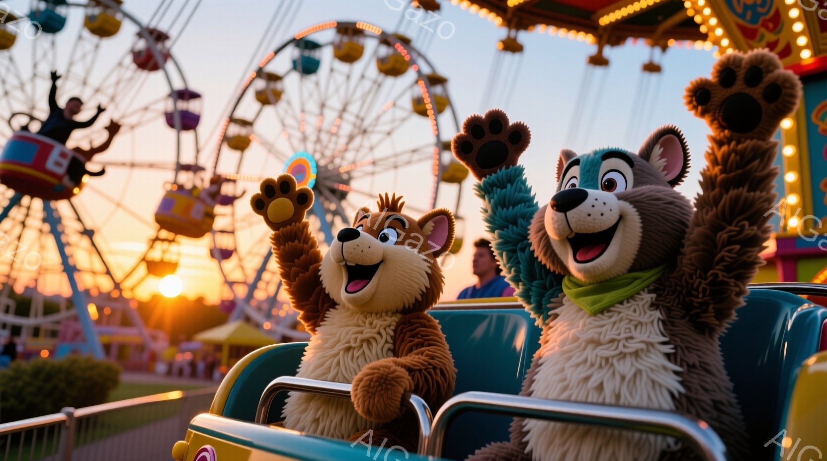 遊園地の乗り物に乗っている2匹の動物のキャラクターが写っています。片方のキャラクターは茶色の毛並みで緑色のスカーフを巻き、もう片方はグレーの毛並みで青いスカーフを巻いており、両者とも楽しそうに手を上げています。背景には観覧車や他の遊園地の乗り物が見え、夕焼け空が広がり、活気あふれる雰囲気です。