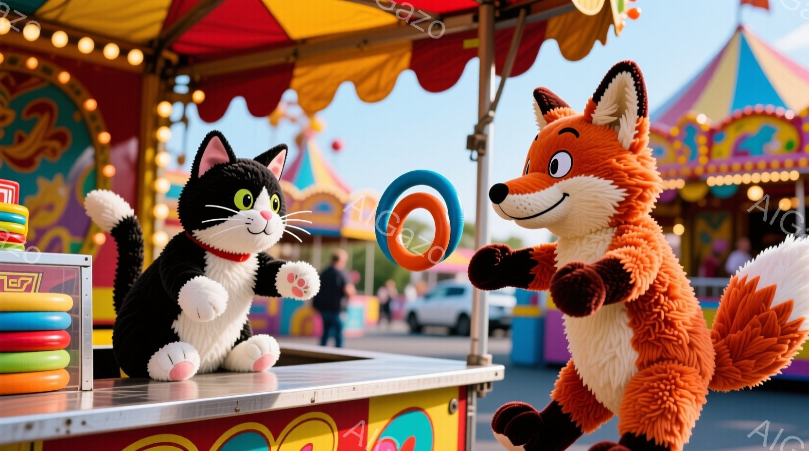 黒と白の縞模様の猫の着ぐるみが、カーニバルのゲームブースで立っており、少し微笑んでいます。オレンジ色の狐の着ぐるみが、リングを投げようとしており、陽気な表情をしています。背景には、カラフルなカーニバルテントと、ぼやけた人影が見え、全体的に賑やかで楽しい雰囲気が漂っています。
