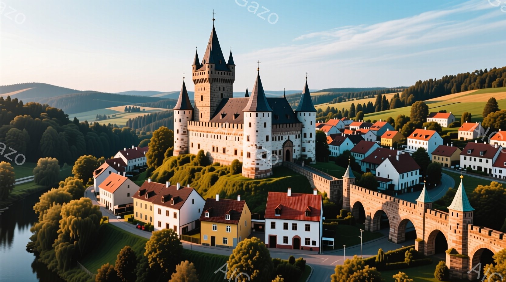中世の城塞が丘の上にそびえ立ち、周囲にはカラフルな屋根の家々が密集している。石造りのアーチ橋が川を横断し、城塞へとつながっており、緑豊かな風景が広がる背景には穏やかな天候が感じられる。全体として、静かで歴史的な雰囲気があり、まるで絵画のような美しい光景である。