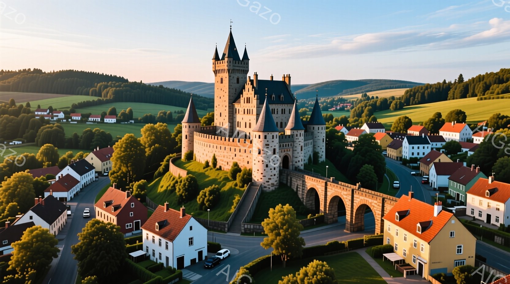 中世の城が丘の上に堂々とそびえ立ち、周囲にはかわいらしい家々が並んでいます。夕暮れ時の柔らかい光が城壁や家々の屋根を照らし、穏やかで絵画のような雰囲気を醸し出しています。背景には緑豊かな丘が広がり、静 - AI生成フリー素材