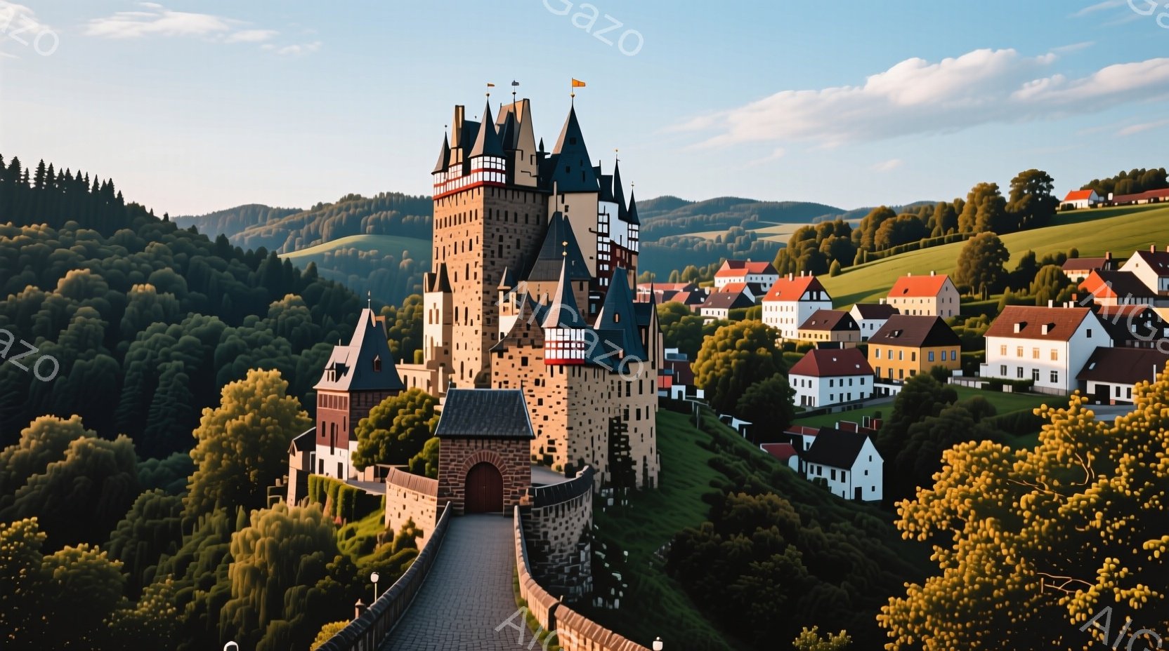 中世の城が緑豊かな丘の上にそびえ立ち、その足元には可愛らしい家々が密集しています。城は白と黒のコントラストが特徴的で、細部にまでこだわった美しい外観をしています。背景には深い緑の森林が広がり、穏やかな晴天の下、静かで絵画のような雰囲気が漂っています。
