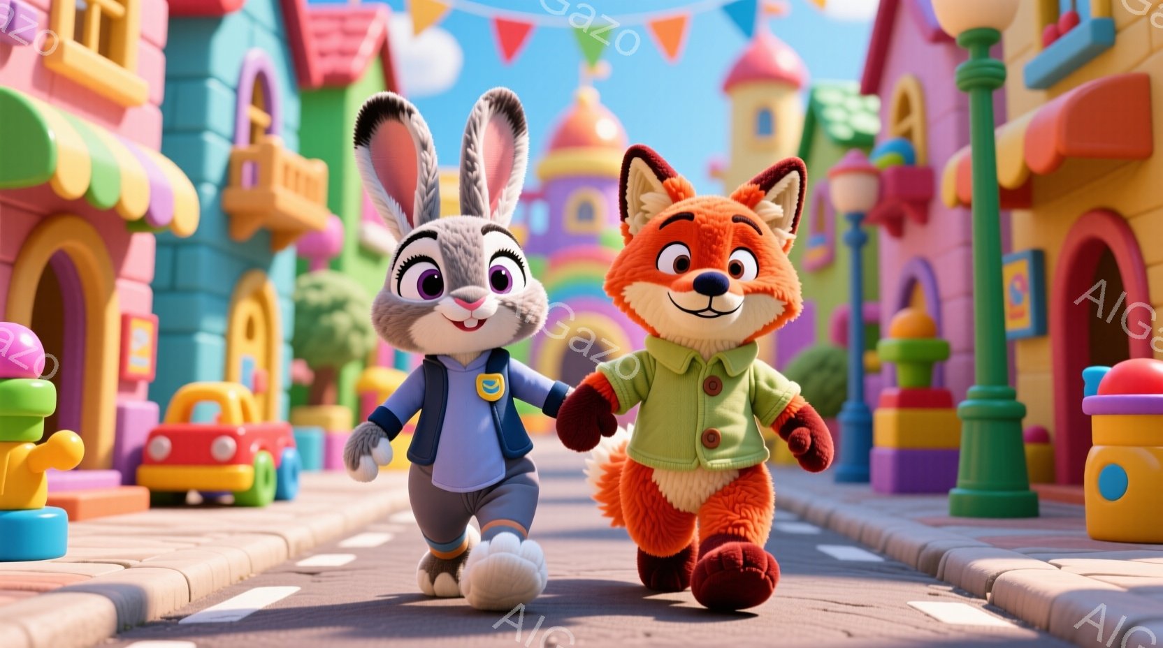 白いウサギの女性は警察官の制服を着て、赤いキツネの男性と手をつないで歩いています。背景にはカラフルな建物が立ち並び、まるで子供のおもちゃのような街並みが広がっています。全体的に明るく陽気な雰囲気で、二人は楽しそうに散歩をしているように見えます。