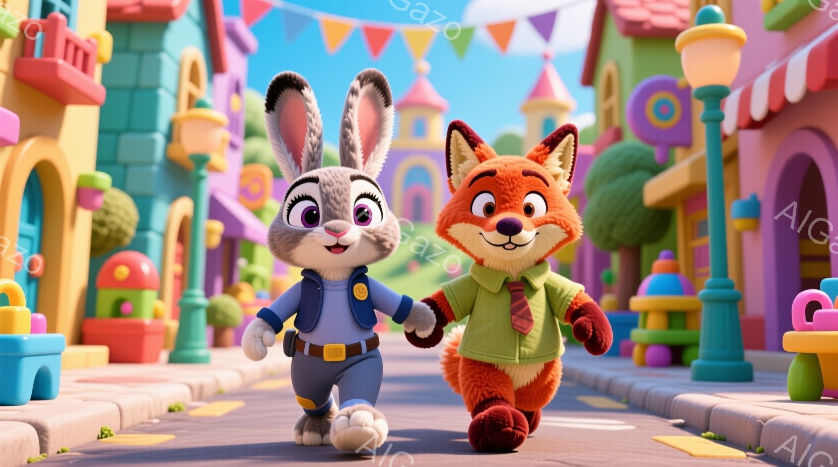 カールとジェイソンは、手をつなぎながら街の中心通りを歩きます。カールはピンクのコートに白のハットで、ジェイソンは青のオーバーオールと茶色の頬髪です。両者は友好的な表情で、彼らの背景には精巧な小さな建物があります。晴れた日で町は楽しげであり、カールとジェイソンが行く先々には喜びの気持ちが満ちています。