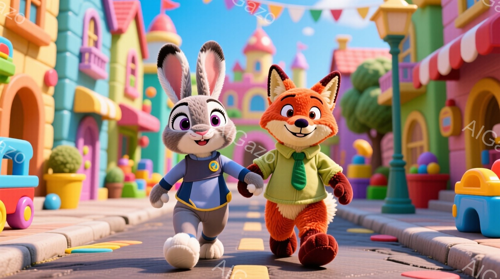 白いウサギとオレンジ色のキツネが手をつないで道を歩いています。ウサギは青い制服のような服を着ており、キツネは緑のネクタイを締めた黄色のシャツを着ています。背景には、カラフルな建物や丸い形の装飾が並び、 - AI生成フリー素材