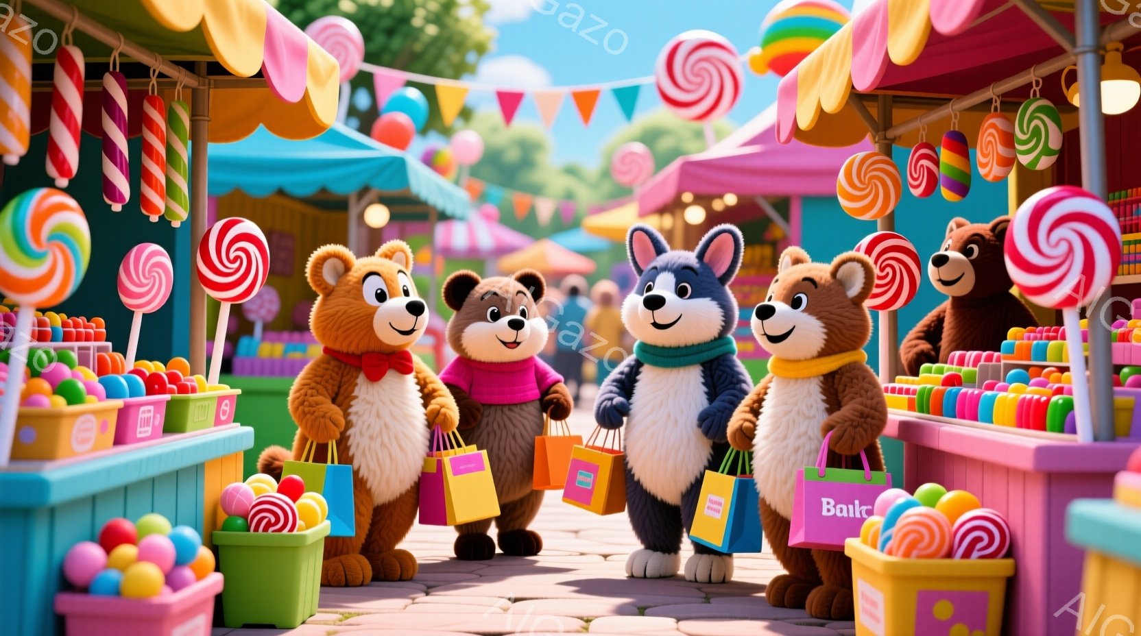 可愛らしい動物たちがキャンディがたくさん並んだお店の前を歩いています。茶色のクマ、ピンクのブタ、白と青の犬はそれぞれショッピングバッグを持っており、楽しそうな表情をしています。背景にはカラフルなキャンディの屋台や、お祭りらしい飾り付けがあり、明るく陽気な雰囲気が漂っています。