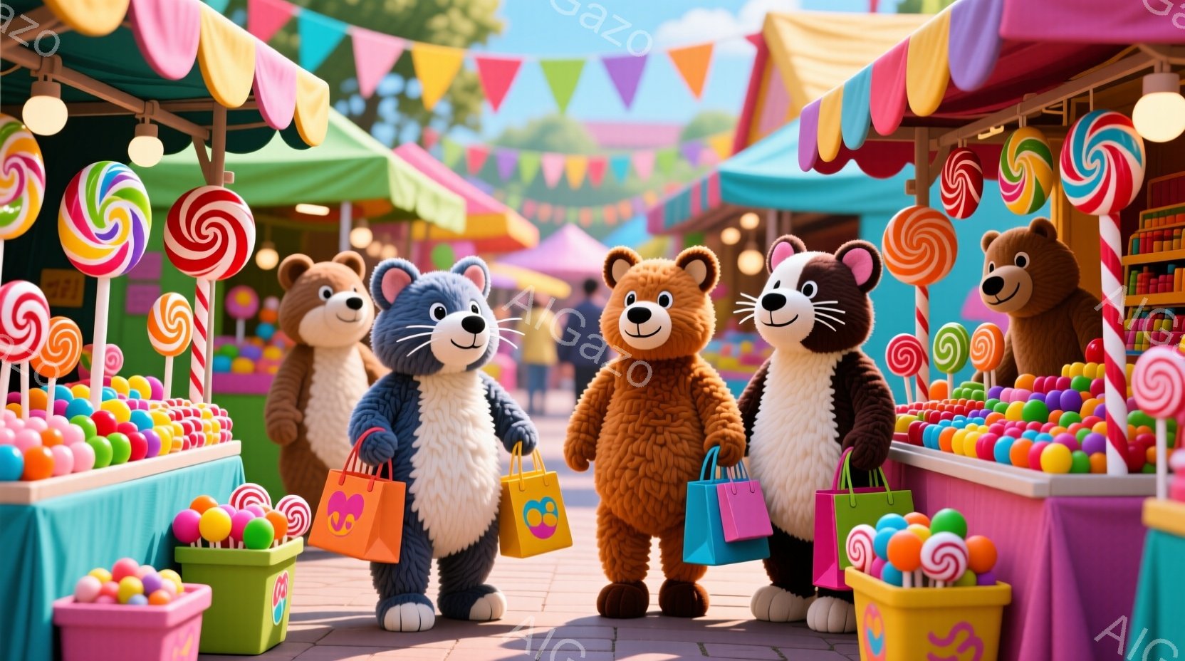 カラフルなキャンディーが並ぶ市場で、3匹のテディベアがショッピングを楽しんでいます。それぞれのクマは人間のような姿をしており、洋服を着て、ショッピングバッグを持っています。背景には、色とりどりの屋台や人々が見え、明るく賑やかな雰囲気です。
