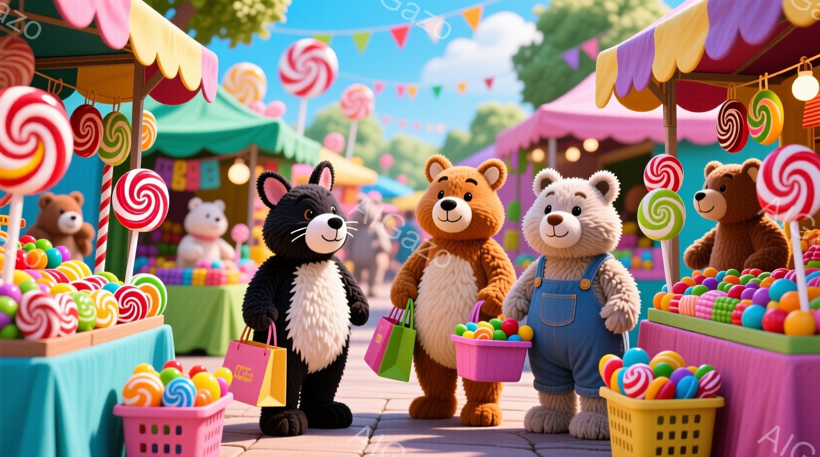 カラフルなキャンディーが並ぶ市場で買い物をしている３匹のテディベアがいます。黒いクマはオレンジ色のショッピングバッグ、茶色のクマはピンク色のバケツを持っており、それぞれキャンディーを購入したようです。 - AI生成フリー素材