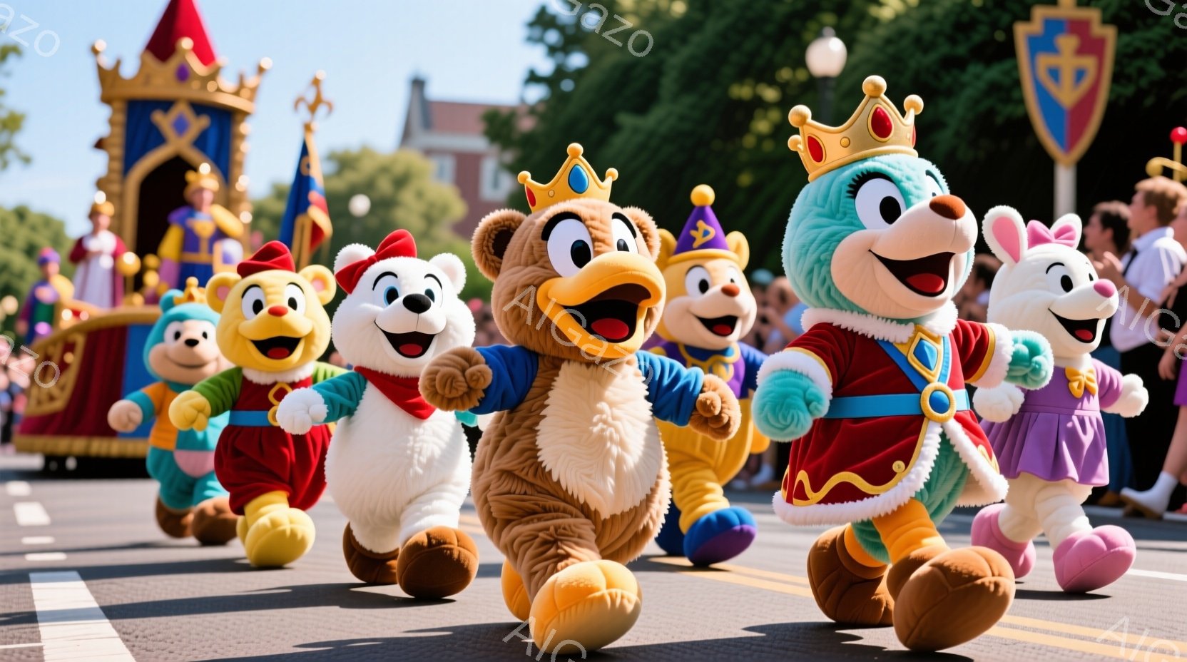 道路をキャラクターたちが先頭を歩いて行進しています。茶色のクマ、赤と青の衣装を着たクマ、紫色の衣装を着たウサギなど、それぞれが王冠を被り、笑顔で観客に向かって手を振っています。背景には、お城のような建 - AI生成フリー素材
