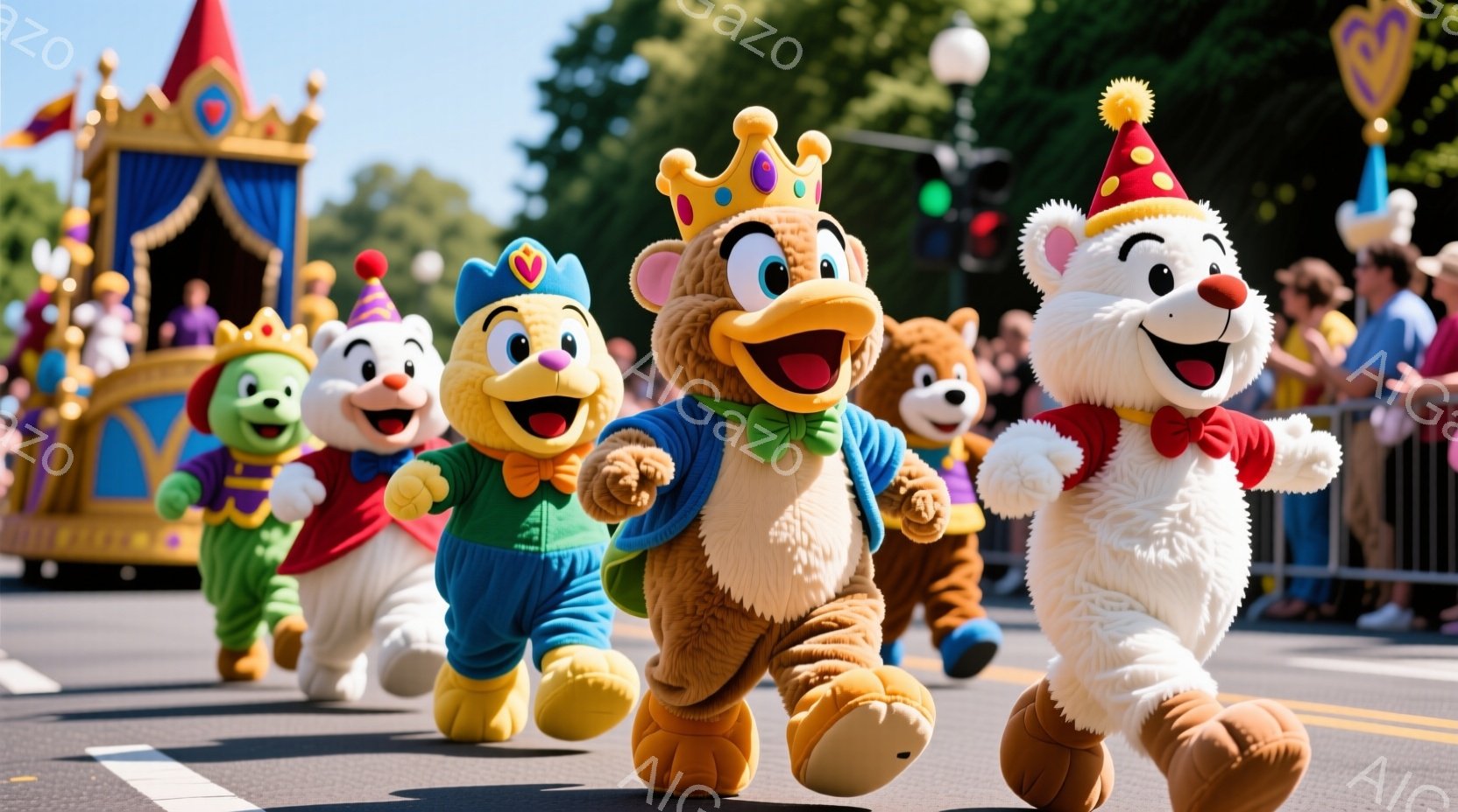 カラフルなマスコットキャラクターたちが、道路を走りながら観客に向かって手を振っています。キャラクターたちはそれぞれ異なる色の衣装を着ており、明るい表情をしています。背景には観客席と緑豊かな木々が見え、晴天の下で活気に満ちたパレードが行われている様子が伝わってきます。