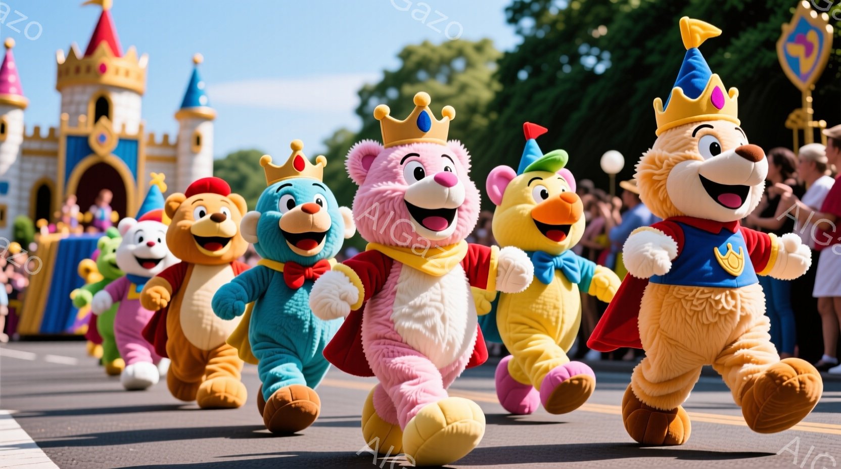 鮮やかな色の着ぐるみを着たクマのキャラクターたちが、遊園地の道路を向かって走ってきている。それぞれが王冠をかぶり、マントを羽織っており、楽しそうな表情をしている。背景にはお城のような建物が見え、青空と緑が広がり、活気のあるお祭りやパレードの雰囲気を感じさせる。