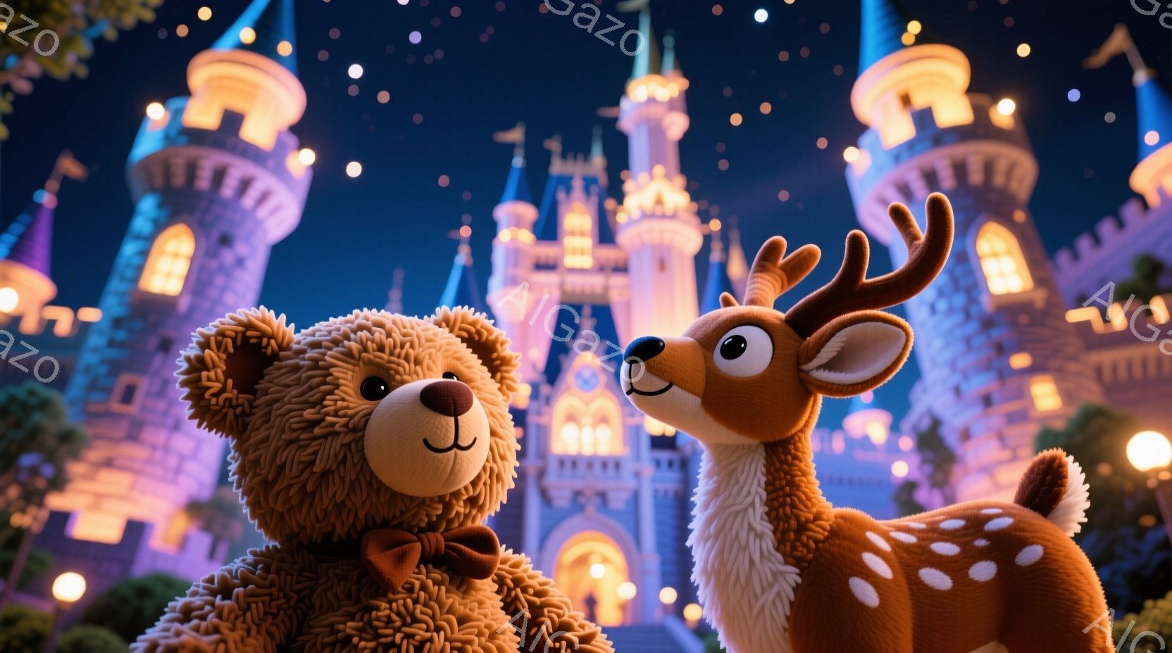 ふわふわの茶色のテディベアが赤い蝶ネクタイをつけ、右を向いて微笑んでいます。隣には、可愛らしい鹿が立っており、テディベアを見上げながら優しい表情を浮かべています。背景には、ファンタジー風の城がライトアップされ、夜空には星が散りばめられており、おとぎ話のような温かく幻想的な雰囲気を醸し出しています。