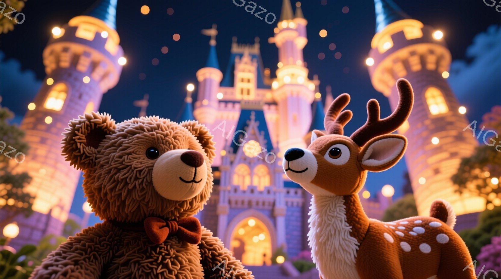 ぬいぐるみで作られた茶色のクマと鹿が、夜の城を背景に並んで立っています。クマは赤い蝶ネクタイをつけ、鹿は白い胸毛と、注意深く見上げる表情をしています。背景には、ライトアップされたおとぎ話のような城がそびえ立ち、夜空には星が輝き、夢のような雰囲気を醸し出しています。