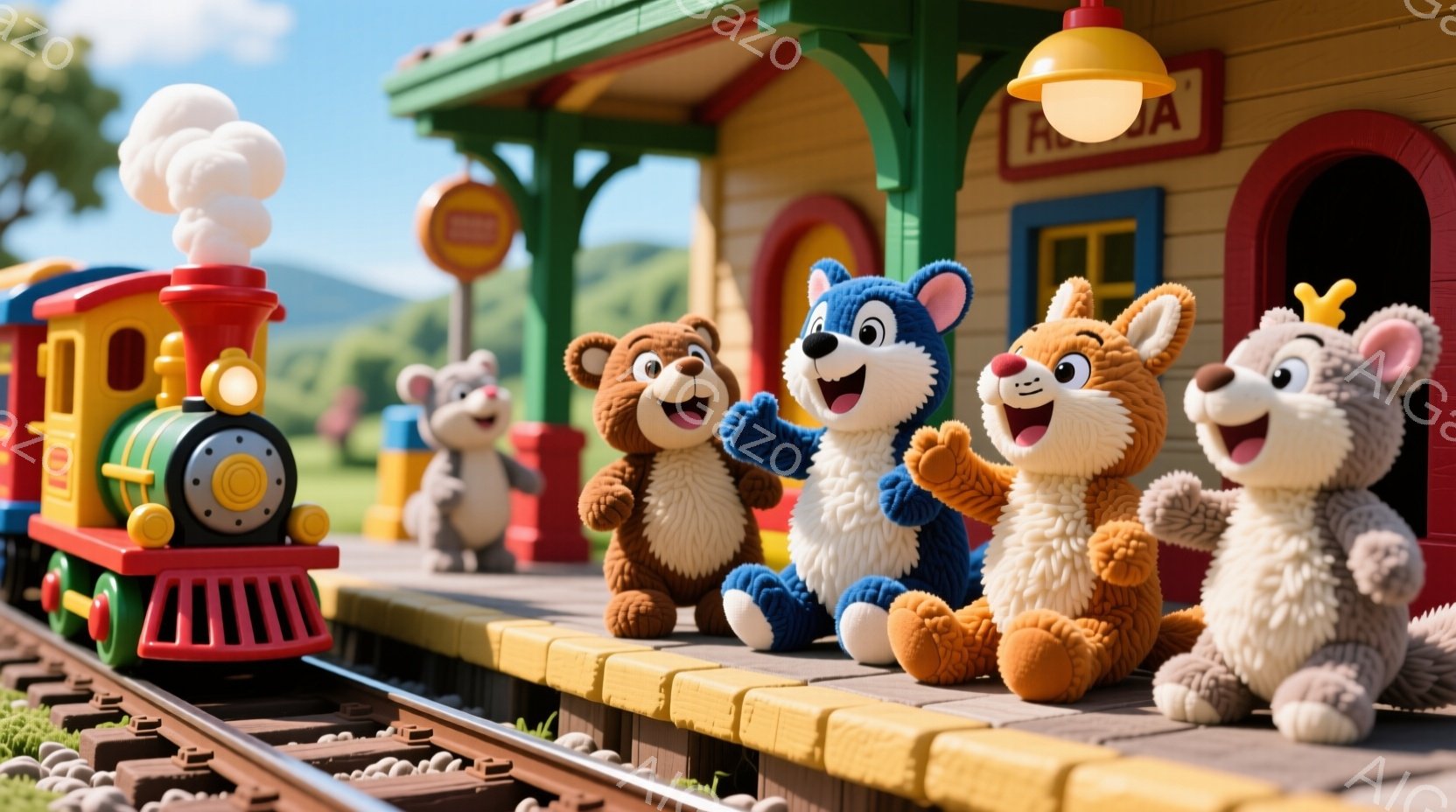 蒸気機関車が駅のプラットフォームに停車し、可愛い動物たちのキャラクターたちが楽しそうに並んでいます。キャラクターたちはそれぞれ異なる色の毛並みと表情を持ち、明るい日差しの中でリラックスした雰囲気です。背景には可愛らしい駅舎と緑豊かな風景が広がり、温かく楽しい雰囲気を醸し出しています。