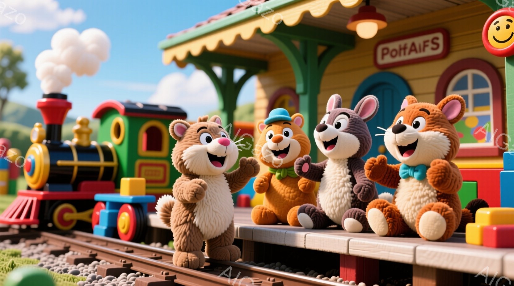 カラフルなブロックで作られた鉄道駅のプラットフォームに、可愛らしい動物たちが並んでいます。それぞれ異なる色やデザインの服を着ており、笑顔で手を挙げたり、お互いに寄り添うなど、陽気で楽しい雰囲気を醸し出しています。背景には緑の丘と青空が広がり、蒸気機関車が停車しており、おもちゃのような可愛らしい世界観が特徴です。