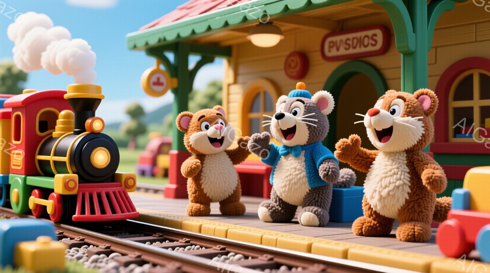 明るい色のレンガ造りの駅プラットフォームに、3匹の愛らしいクマのキャラクターが立っています。中央のクマは青いセーターと帽子を着用し、両手を広げて喜んでいます。背景には、赤い屋根の可愛らしい駅舎と、緑豊 - AI生成フリー素材