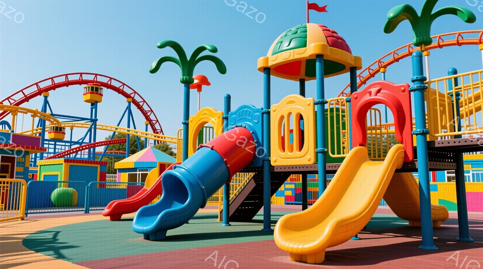 カラフルな遊具が並んだ遊園地の一角が写っています。青、赤、黄色の滑り台が特徴的で、背景には同じようにカラフルな建物や、パームツリーを模した装飾が見られます。晴天の下、明るく楽しい雰囲気が漂っています。