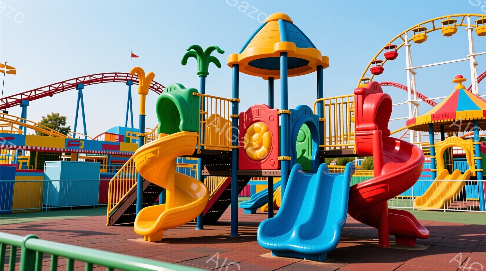 カラフルな遊具が並ぶ遊園地の様子が写っている。青、赤、黄色、緑色の滑り台が複雑に組み合わされており、子供たちが楽しむためのスペースが広がっている。背景には、遊園地の建物やジェットコースターが見え、晴天の下、活気あふれる雰囲気が感じられる。