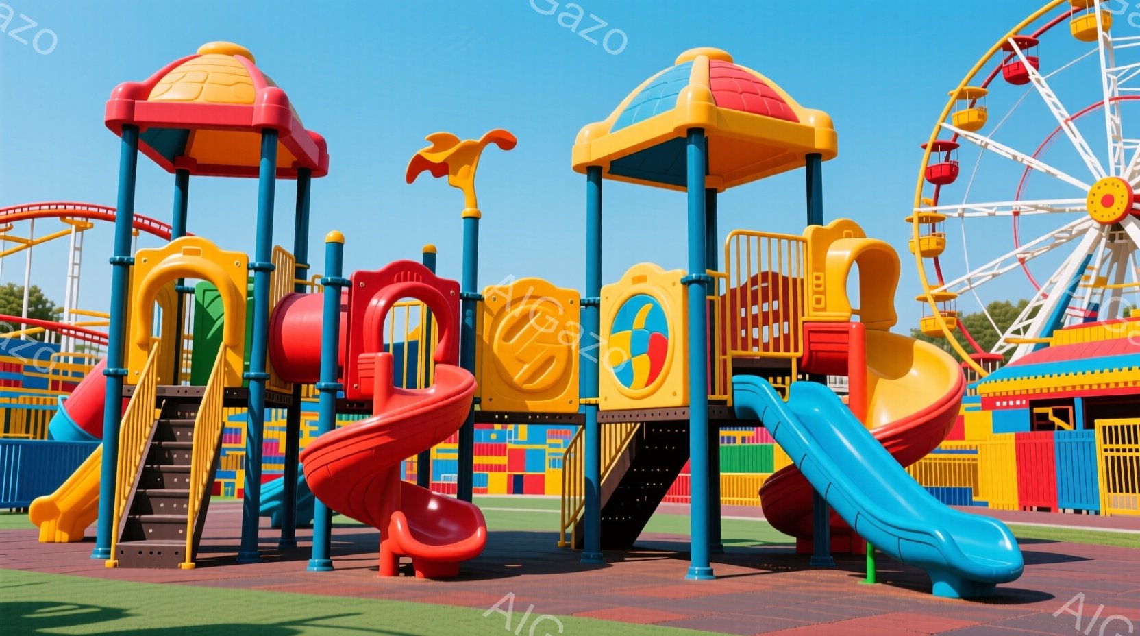 カラフルな遊具が並ぶ遊園地の様子が写っている。遊具は主に赤、青、黄色で構成され、子供たちが楽しむための滑り台や階段、トンネルなどが設置されている。背景には観覧車やカラフルな建物が見え、晴天の下、活気のある遊園地の雰囲気が伝わってくる。