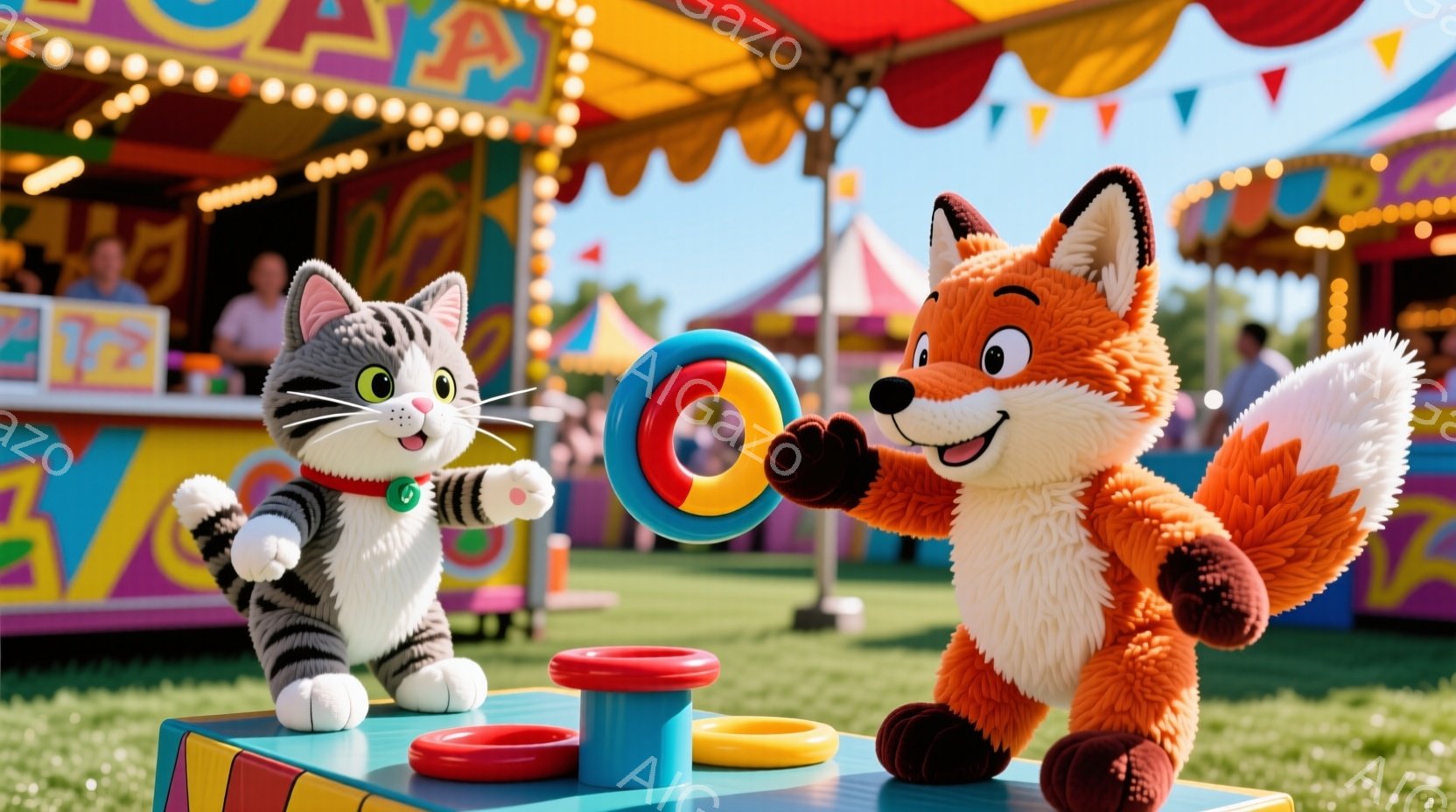 縞模様の猫とオレンジ色の狐が遊園地のゲームで遊んでいます。猫は赤い首輪をつけ、片手を上げて楽しそうに見ています。背景にはカラフルなゲームブースや緑の芝生、遊園地の賑やかな雰囲気が広がっています。 - AI生成フリー素材