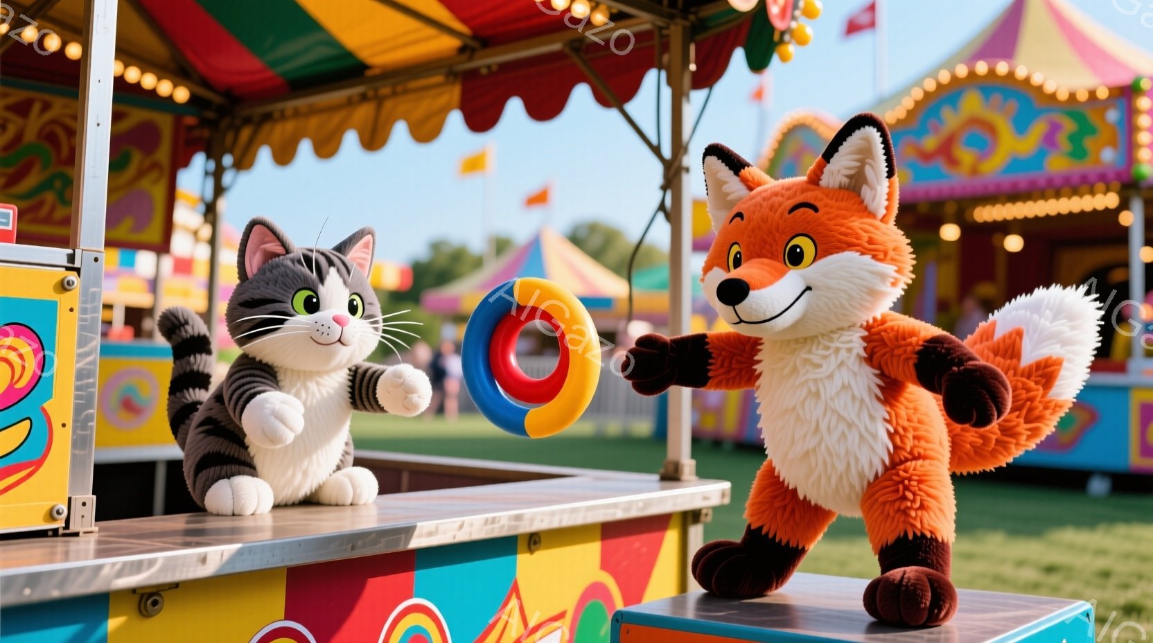 遊園地のゲームブースを舞台に、猫と狐の着ぐるみが写っています。猫は左側に立って、少し微笑みながら前を見つめています、一方狐は右側に立って、オレンジ色の輪を高く掲げ、楽しそうな表情をしています。背景にはカラフルなゲームブースやテント、そして晴れた空と緑の木々が広がっており、お祭り気分を盛り上げています。