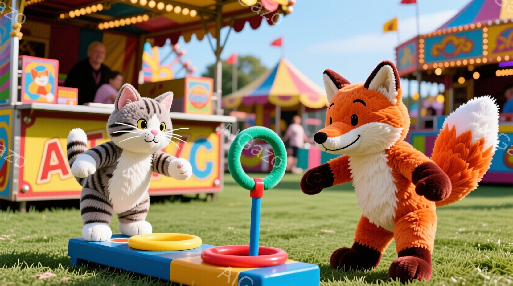 縞模様の猫とオレンジ色の狐が、遊園地のような場所で輪投げゲームをしている様子が描かれています。猫は少し緊張した表情で輪を見つめ、狐は楽しそうに輪を手に持っています。背景にはカラフルな屋台や青空、緑の芝 - AI生成フリー素材