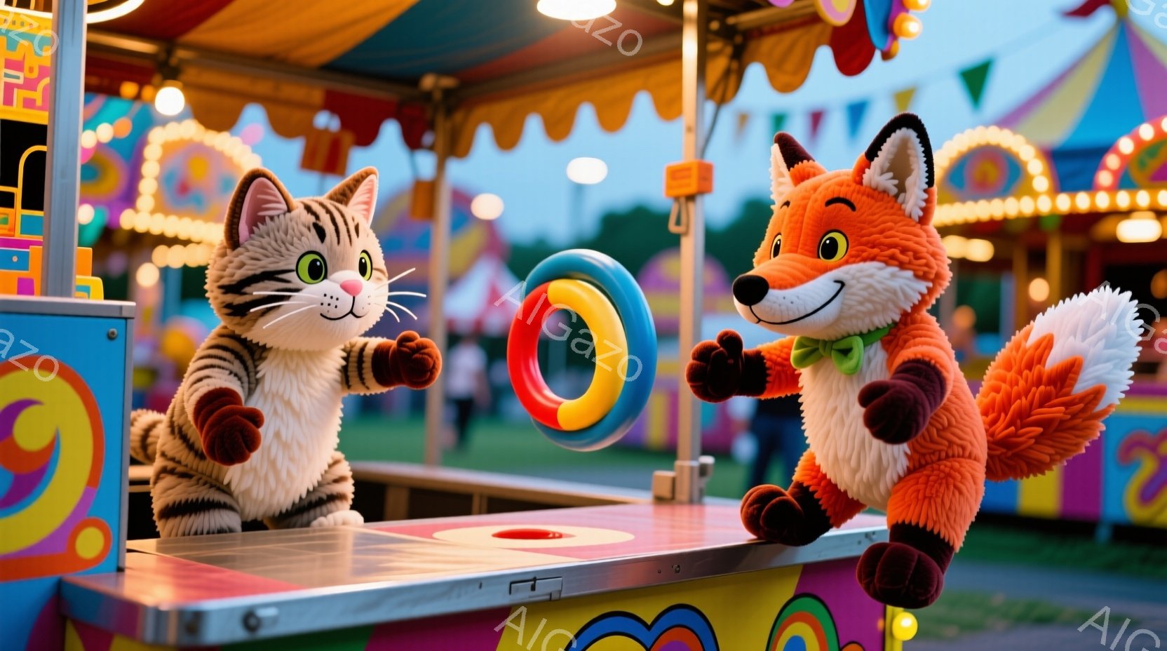 カーニバルゲームの台の前に立つ、縞模様の猫とオレンジ色のキツネの2体の愛らしいキャラクターが描かれています。猫は赤いポロシャツを着ていて、キツネは緑のリボンをつけており、両者ともゲームの輪に向かって手を伸ばし、楽しそうな表情をしています。背景には、カラフルなストライプの屋根を持つカーニバルブースと、ぼやけた緑の木々が見え、陽気で賑やかな雰囲気を作り出しています。