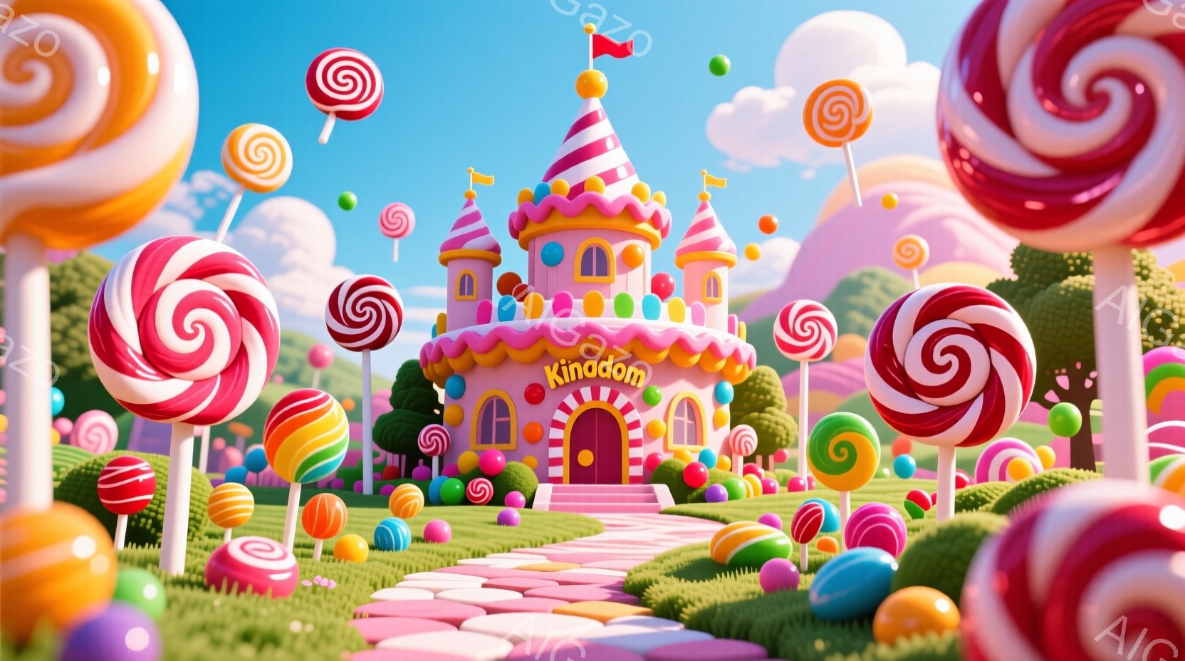 カラフルなキャンディが至る所に散りばめられた夢のような風景です。ピンク色の可愛らしいお城が中央に位置し、緑の芝生と様々な色のキャンディが並ぶ道がその手前に広がっています。空には綿菓子のような雲が浮かび、全体的に明るく甘い雰囲気が漂っています。