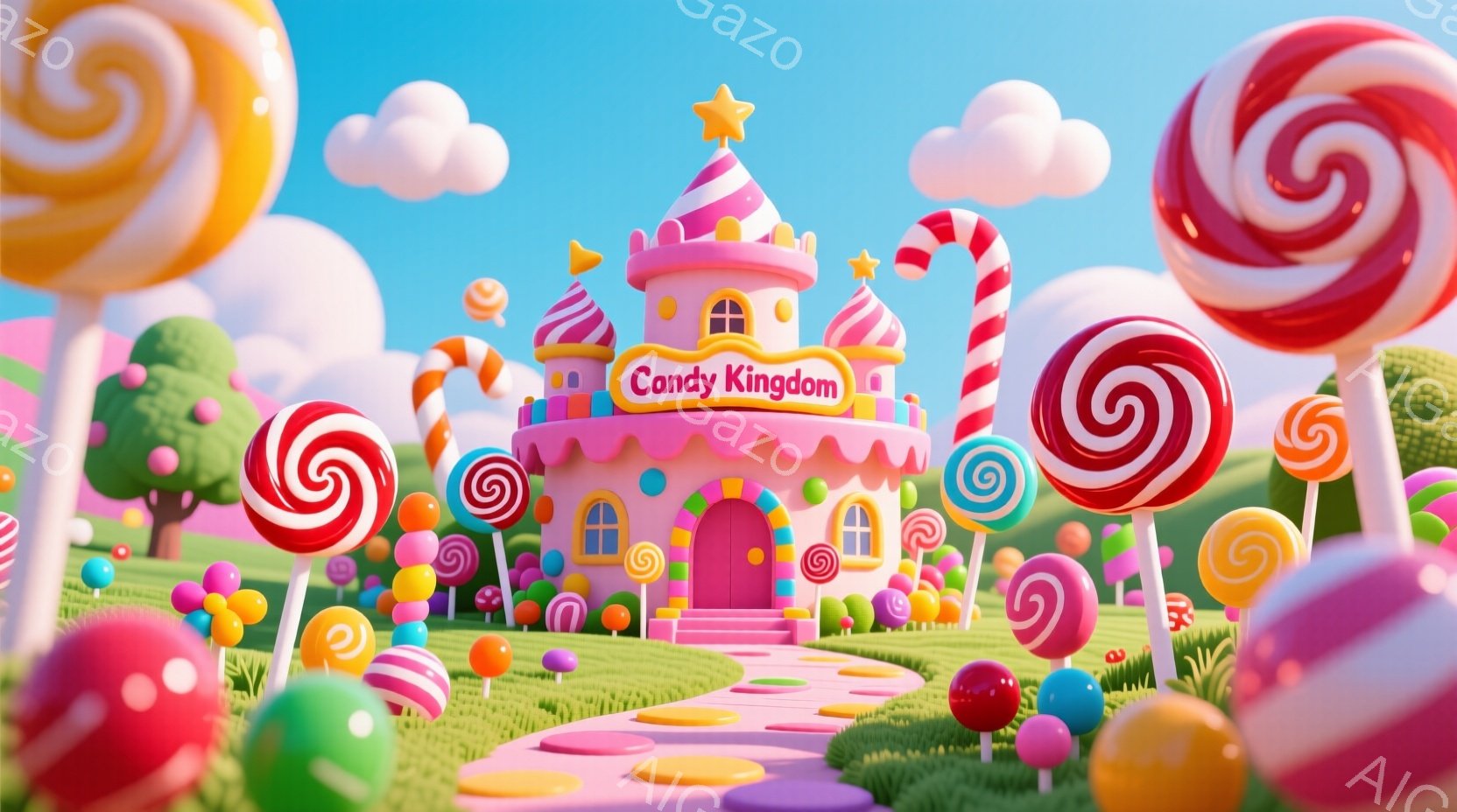 カラフルなキャンディの世界が広がっている様子が描かれています。ピンク色の可愛らしいお城が中央に位置し、周りには巨大なキャンディやカラフルな植物が生い茂っています。空は明るい青色で、ふわふわとした雲が浮かび、全体的に夢のような、甘い雰囲気が漂っています。
